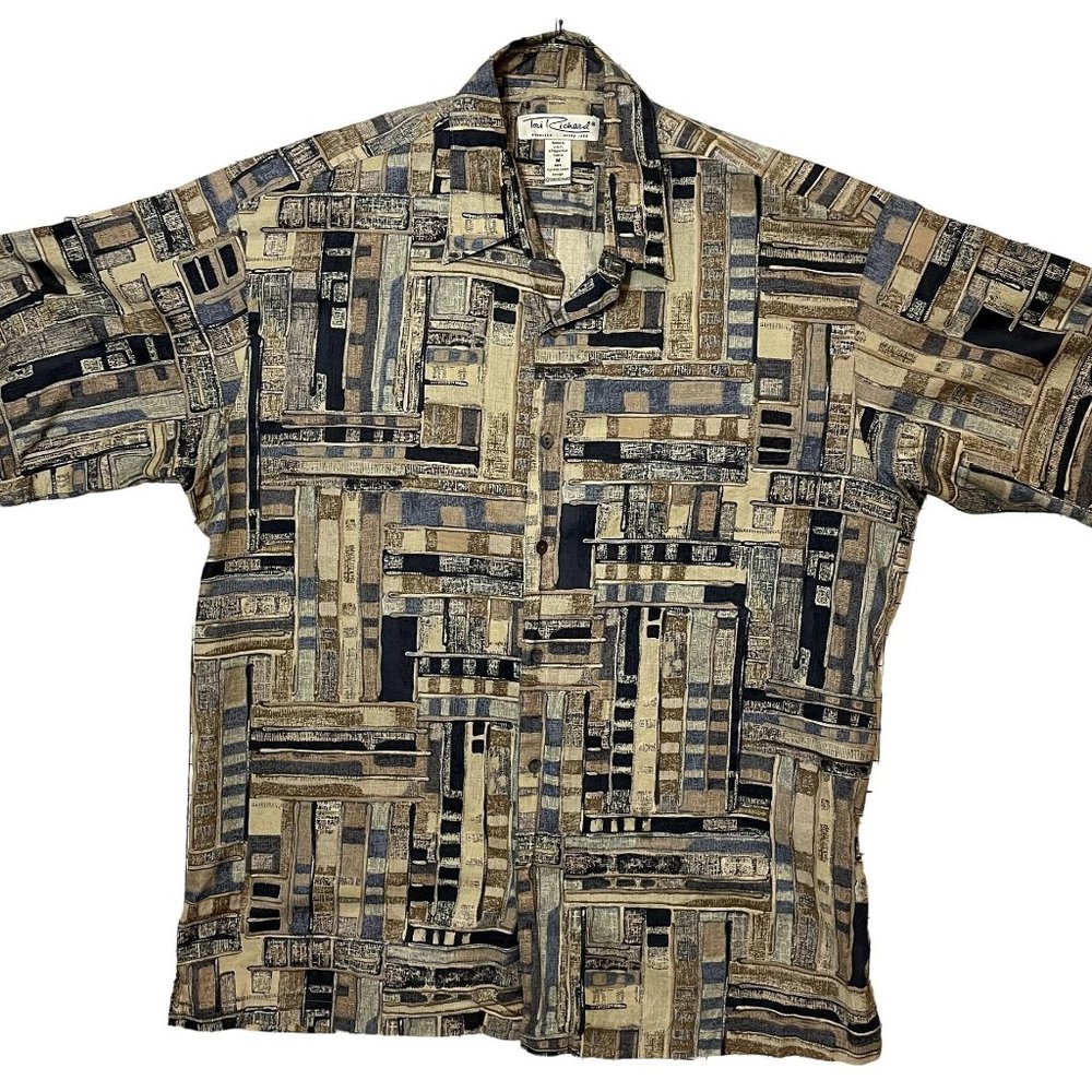 Tori Richard Blue and Tan Geometric Mens Short Sleeve Cotton Lawn Hawaiian Shirt